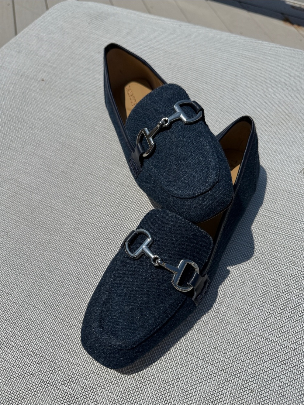 Talbots denim loafers with silver buckle